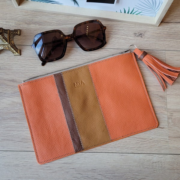 Pochette patchwork en véritable cuir orange beige marron trousse à maquillage ou rangement pour sac a main, cadeau de noël