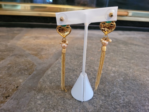 Emerald Golden Pearl Tassel Earrings - image 6