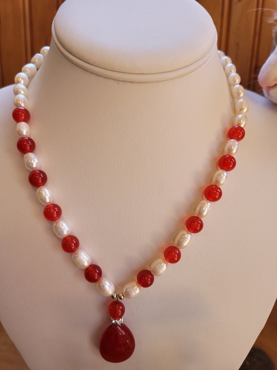 Ruby and Pearl Necklace and Earring Set - image 4