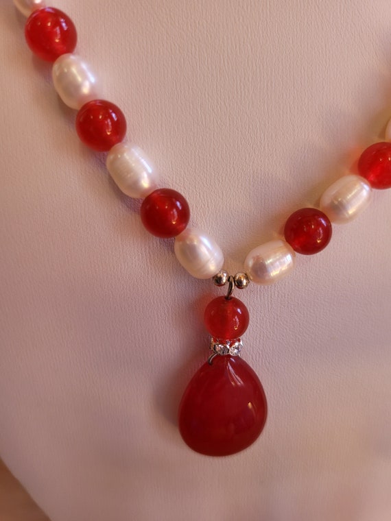 Ruby and Pearl Necklace and Earring Set - image 6