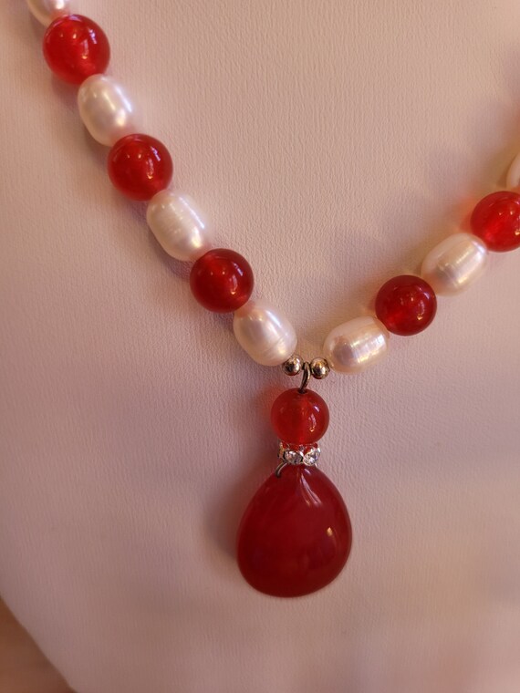 Ruby and Pearl Necklace and Earring Set - image 5