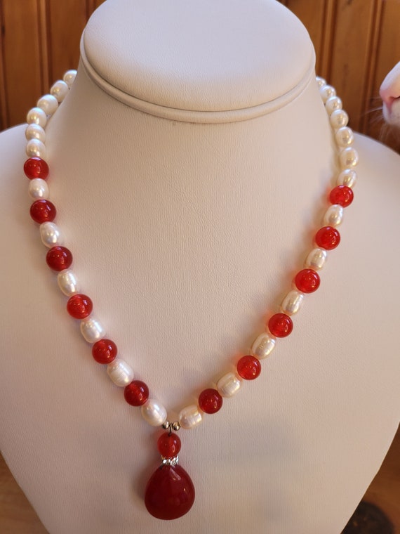 Ruby and Pearl Necklace and Earring Set - image 3