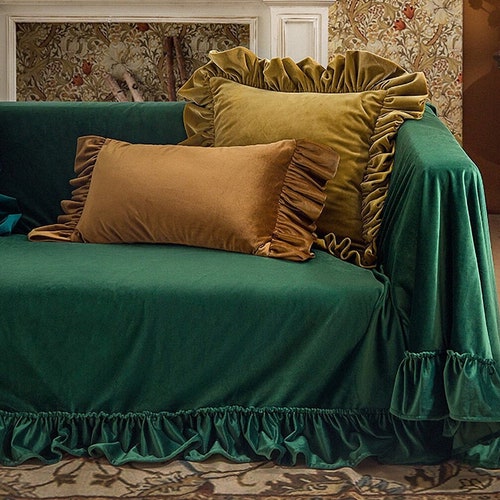 Ruffled Emerald Green Velvet Sofa Slipcover 100colorscustom - Etsy