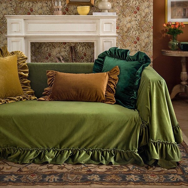 Velvet Olive Green Sofa Cover Etsy