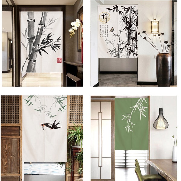 Rideau de porte Noren en lin, panneau Noren en bambou chinois, rideau japonais, long Noren, rideau de porte personnalisé, 14 motifs