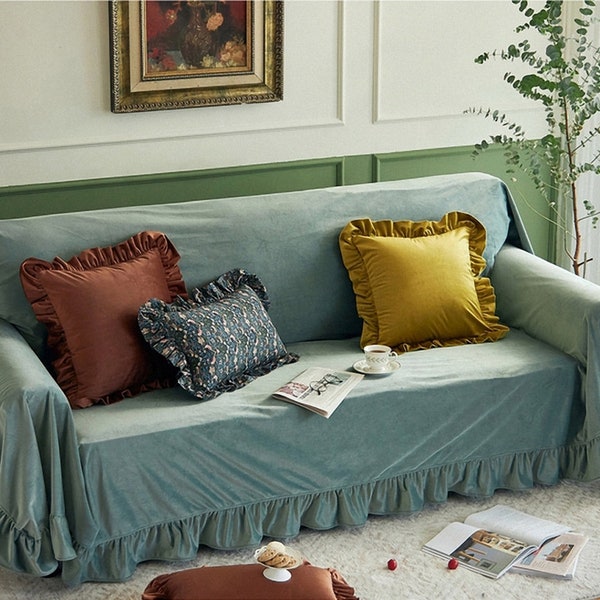 Ruffled Grey Blue Velvet Sofa slipcover ,100colors,Custom Made Velvet Sofa Cover, 2 Seater cover, Chaise Lounge Sofa Cover