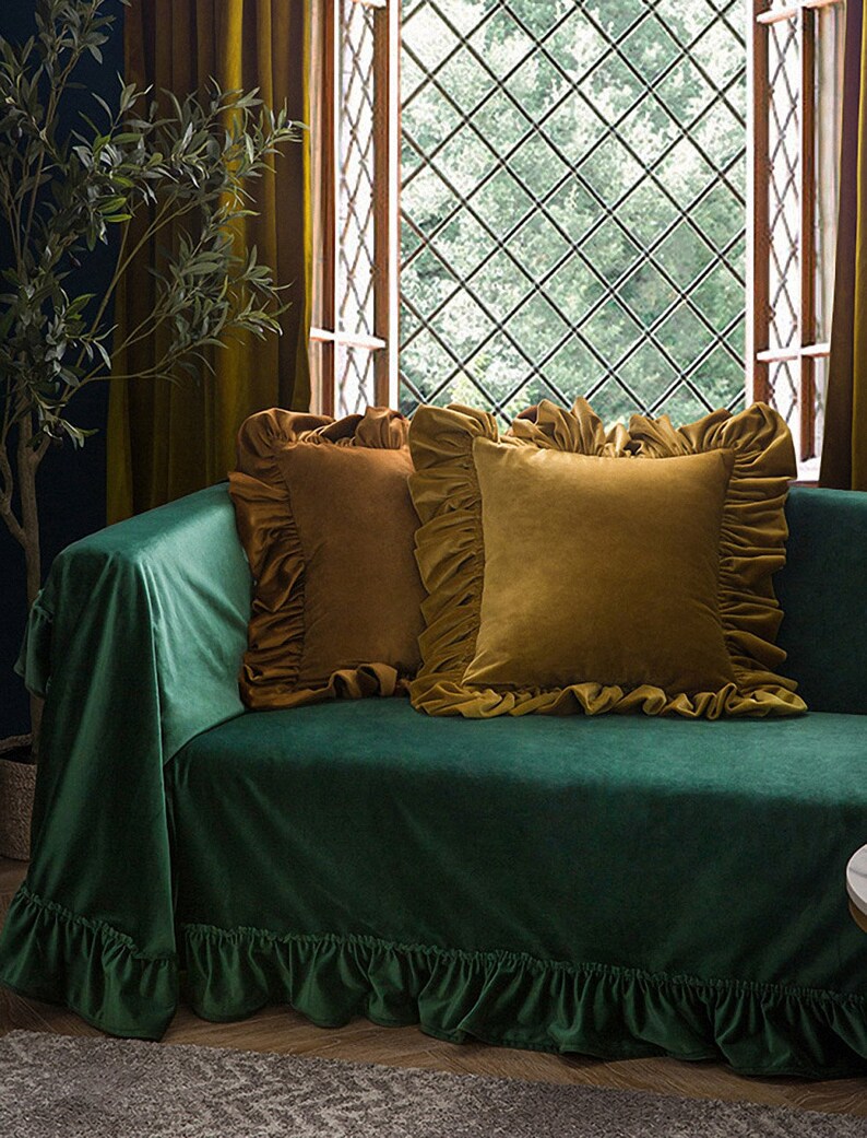 Ruffled Emerald Green Velvet Sofa Slipcover 100colorscustom Etsy
