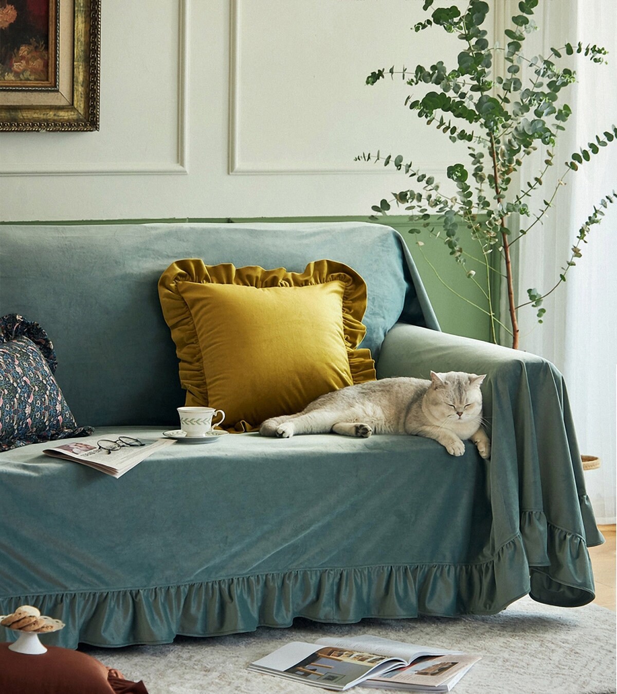 Ruffled Grey Blue Velvet Sofa Slipcover 100colorscustom Made Etsy