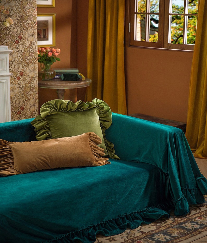 Ruffled Peacock Blue Velvet Sofa Slipcover 100colorscustom Etsy