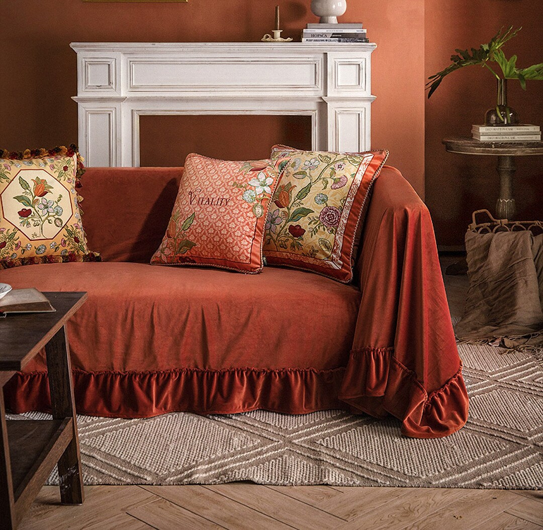 Slipcovers,ruffled Burnt Orange Velvet Sofa Slipcover ,100colors,custom