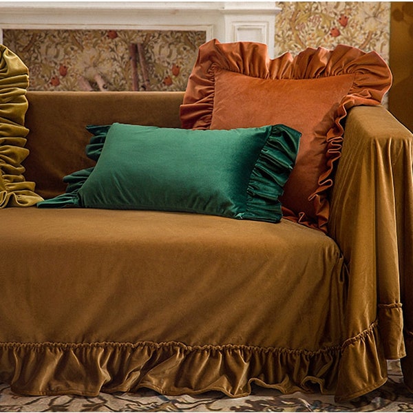 Slipcovers,Ruffled Golden Brown Velvet Sofa slipcover ,100colors,Custom Made Velvet Sofa Cover, 2 Seater cover, Chaise Lounge Sofa Cover