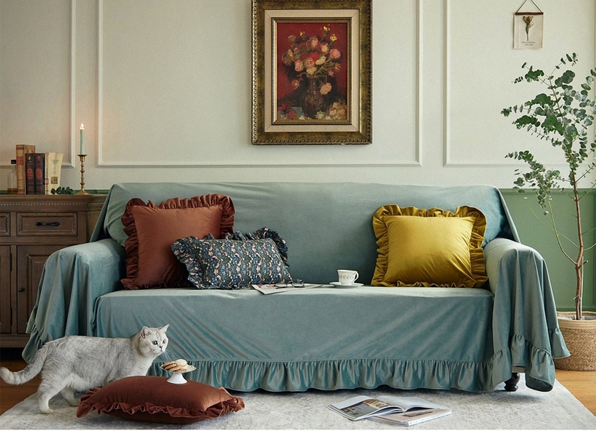 Ruffled Grey Blue Velvet Sofa Slipcover 100colorscustom Made Etsy