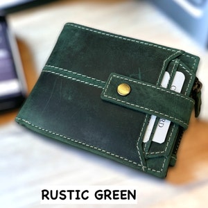 Personalised Leather Wallet, Handmade Mens Zipper RFID Personalized Wallet, Custom Embosed Gift, Anniversary, Birthday Gift, Gift For Dad Rustic Green