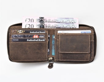 Cartera de cuero hecha a mano / Cartera unisex con cremallera / Cartera RFID para hombre y mujer / Perfecta para cumpleaños, aniversario, regalo para el día del padre o para los padrinos de boda