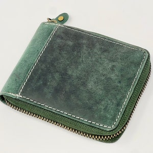 Cartera de cuero real hecha a mano personalizada para mí y para mujeres / Cremallera redonda de cuero verde cazador / Regalo de cumpleaños, día del padre, aniversario