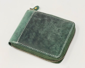 Cartera de cuero real hecha a mano personalizada para mí y para mujeres / Cremallera redonda de cuero verde cazador / Regalo de cumpleaños, día del padre, aniversario