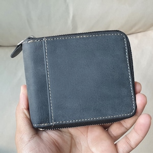 Cartera de cuero negro con cremallera redonda para hombre y mujer. Cartera de cuero de grano superior RFID Hunter para hombre y niña. Cartera de cuero unisex. Bolsa de regalo hecha a mano.