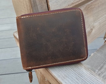 Handmade 100% Original Leather RFID High Quality Genuine Leather Coin Pocket Credit Card Round Zip Closure Wallet, Personalised Wallet