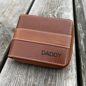Cartera de cuero auténtico RFID hecha a mano para hombres y mujeres / Cartera de cuero puro con cremallera / Regalo de aniversario, Navidad, cumpleaños, en caja y bolsa de regalo