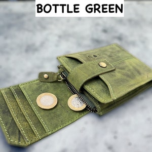 Personalised Leather Wallet, Handmade Mens Zipper RFID Personalized Wallet, Custom Embosed Gift, Anniversary, Birthday Gift, Gift For Dad Bottle Green