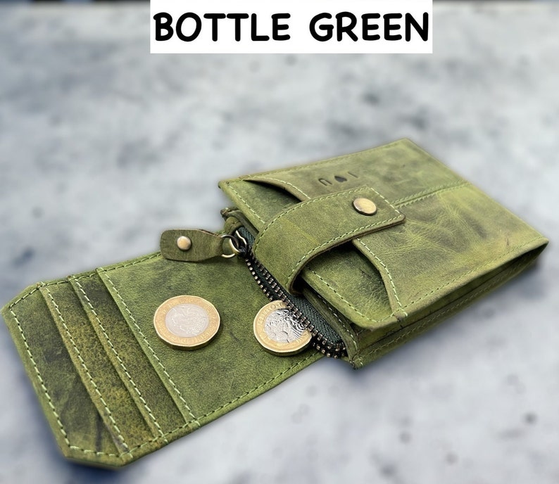 Personalised Leather Wallet, Handmade Mens Zipper RFID Personalized Wallet, Custom Embosed Gift, Anniversary, Birthday Gift, Gift For Dad Bottle Green