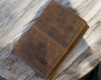 Cartera de hombre personalizada / Cartera de cuero auténtico para hombre / Cartera de cuero envejecido de tres pliegues / Regalo de aniversario, Regalo del día del padre / Regalo de Navidad