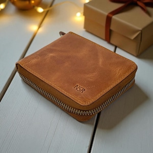 Regalo personalizado grabado para él / Cartera redonda de cuero hecha a mano con cremallera, cartera con protección RFID