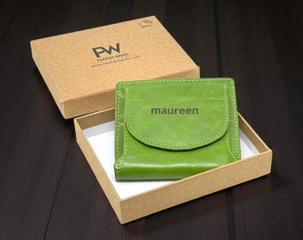 Minimalist Leather Coin Purse Wallet, RFID Custom Engraved, Gift for Wife Mom Partner
