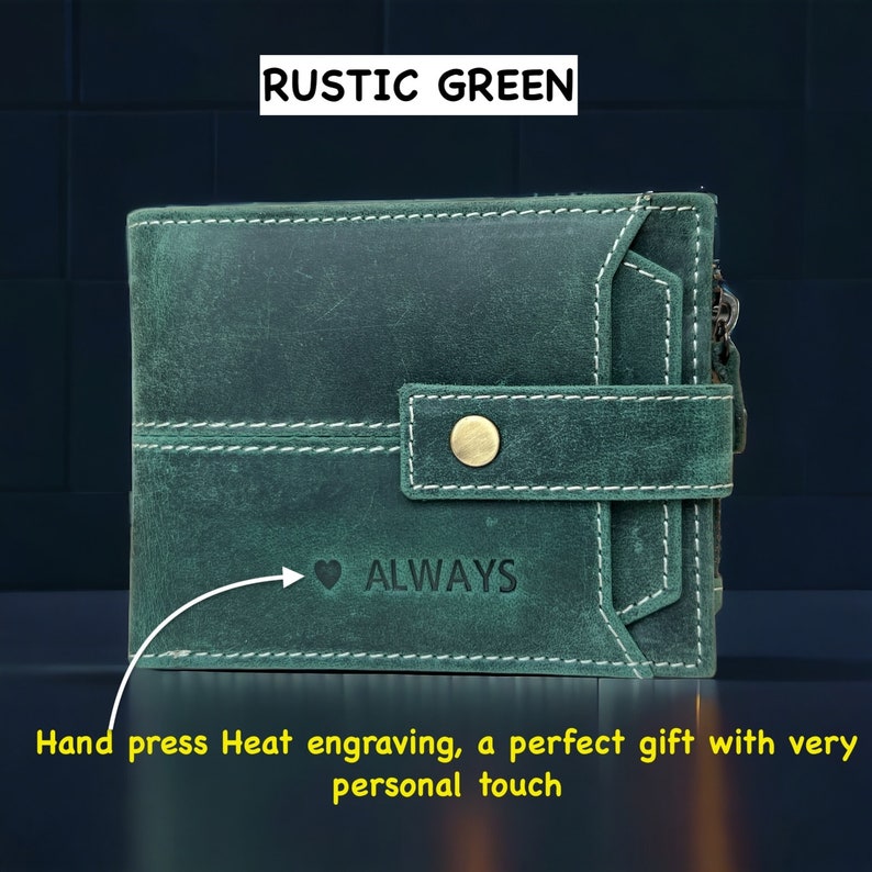 Personalised Leather Wallet, Handmade Mens Zipper RFID Personalized Wallet, Custom Embosed Gift, Anniversary, Birthday Gift, Gift For Dad Rustic Green