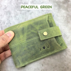 Personalised Leather Wallet, Handmade Mens Zipper RFID Personalized Wallet, Custom Embosed Gift, Anniversary, Birthday Gift, Gift For Dad Peaceful Green