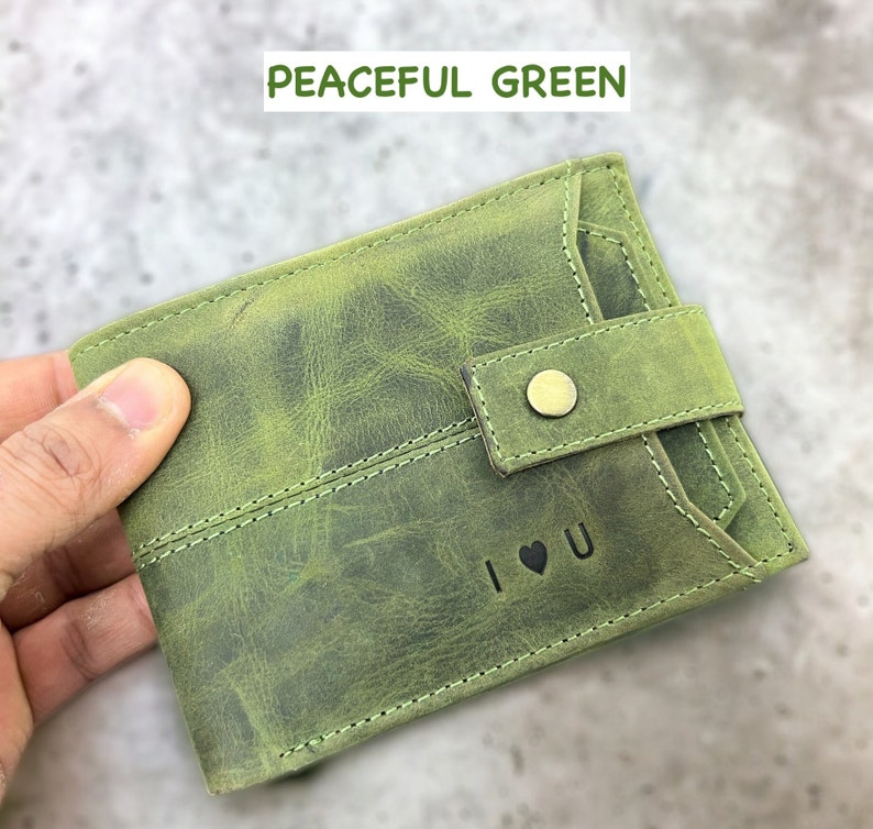 Personalised Leather Wallet, Handmade Mens Zipper RFID Personalized Wallet, Custom Embosed Gift, Anniversary, Birthday Gift, Gift For Dad Peaceful Green