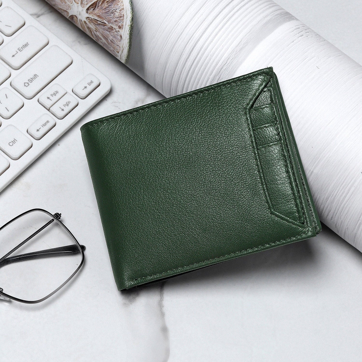 Men's large wallet with coin purse in green leather