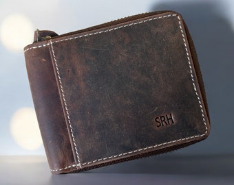Handmade Hunter Leather RFID Wallet: Round Zip, Coin Pocket, Personalized