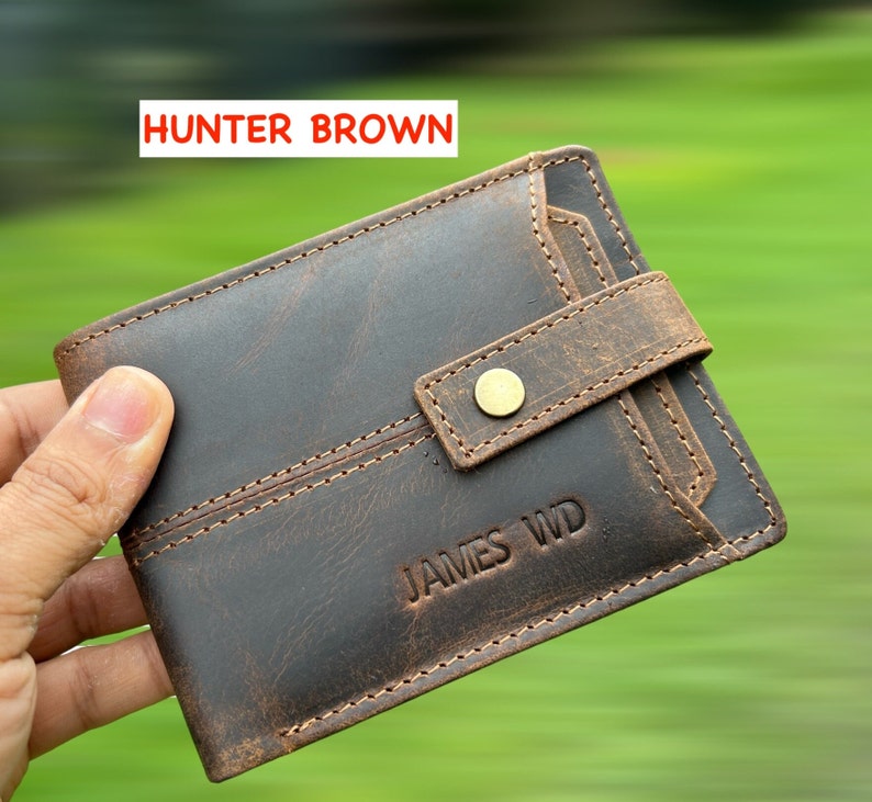 Personalised Leather Wallet, Handmade Mens Zipper RFID Personalized Wallet, Custom Embosed Gift, Anniversary, Birthday Gift, Gift For Dad Hunter Brown