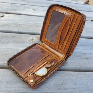 Cartera redonda de cuero premium con cremallera, hecha a mano, de alta calidad, para hombre y mujer, con protección RFID, ideal como regalo de cumpleaños o aniversario para papá.
