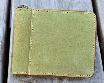 RFID Green Real Leather Mens Women Round Zipper Wallet, Girl's Men's Coin Pocket Wallet Purse Pure Leather Wallet | Handmade Gift Bag Packed