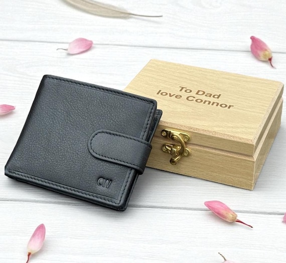 Personalized Leather Wallet: RFID Safe Engraved Gift for Dad Him - Anniversary, Birthday (Boxed)