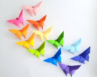 Origami Rainbow Butterfly Set, Handmade Paper Wedding Decor (Set of 12)