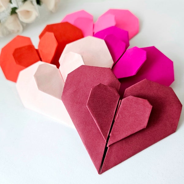 Set of red and pink shades origami paper hearts, Anniversary Decor, Wedding Decorations