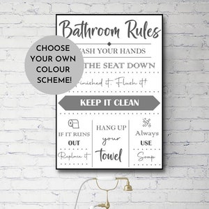 Puede incluir: Un cartel de reglas de baño en blanco y negro con el texto "Bathroom Rules" en la parte superior. El cartel tiene una lista de reglas que incluyen "Lávate las manos", "Baja el asiento", "Mantén la limpieza", "Si se acaba, reemplázalo", "Cuelga tu toalla" y "Usa siempre jabón".