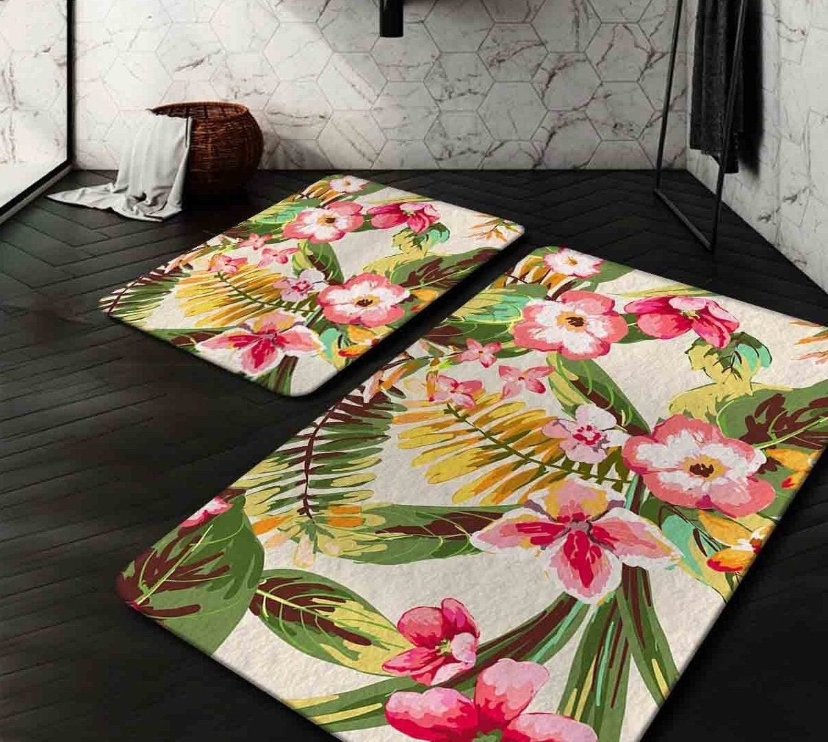 Flower Bathroom Mat Set of 2 Bath Floor Rug NonSlip Mat Etsy