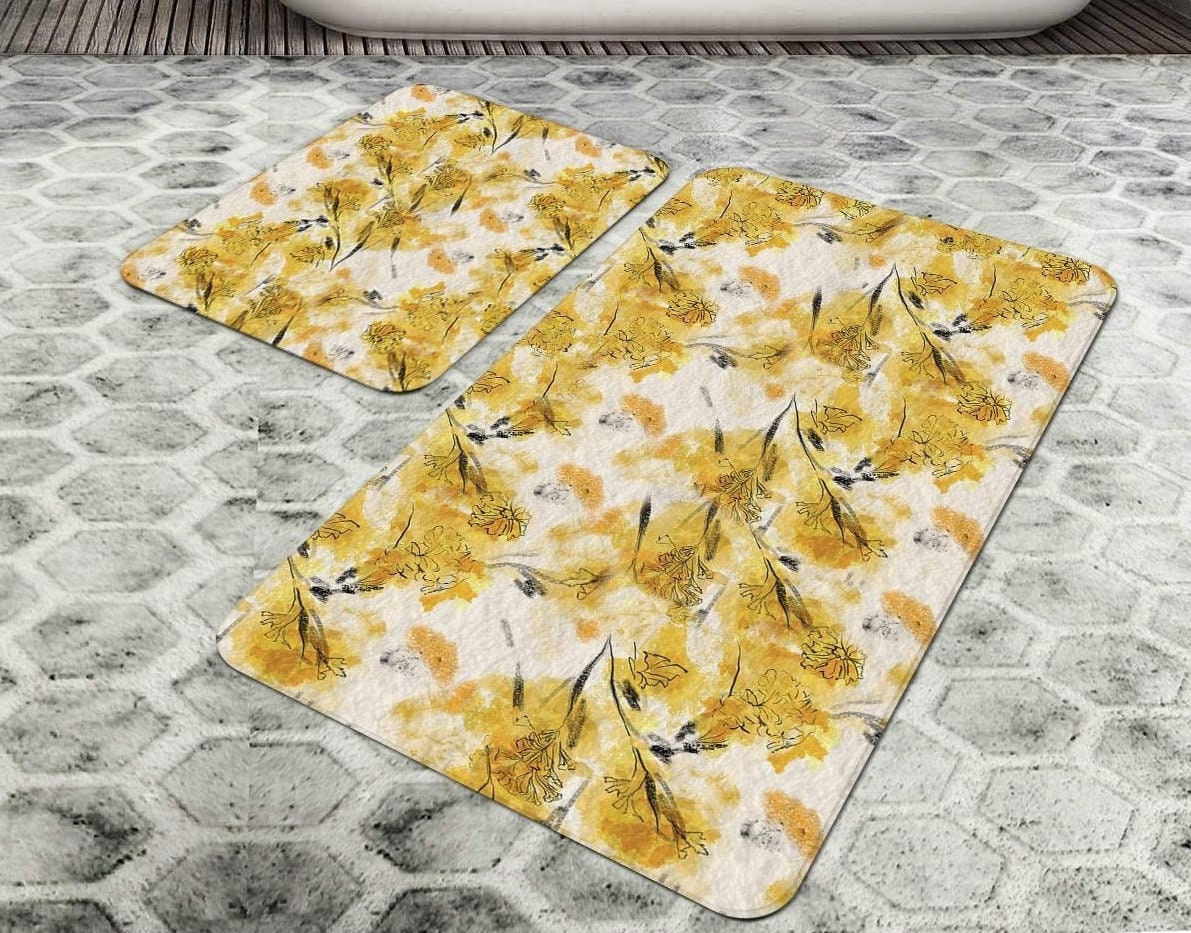 Yellow Flower Bathroom Mat Set of 2 Bath Floor Rug NonSlip Etsy