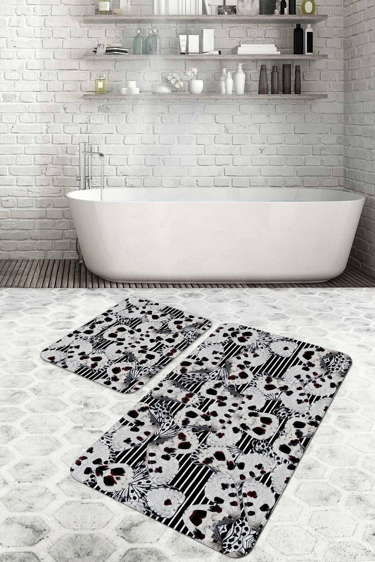 Black White Bathroom Mat Set of 2 Bath Floor Rug NonSlip Etsy