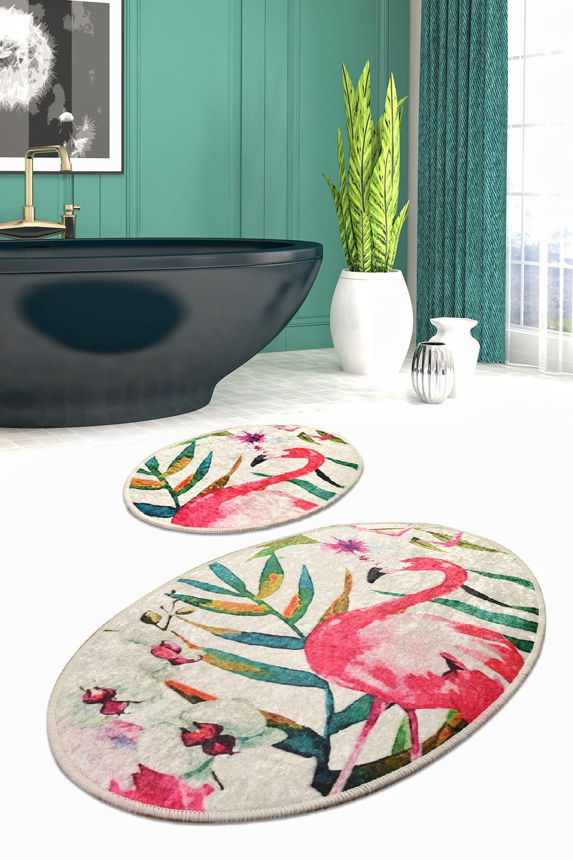 Pink Flamingo Oval Bath Mat Set of 2 Modern Rug NonSlip Etsy