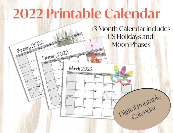 printable 2022 calendar with us holiday and moon phases etsy