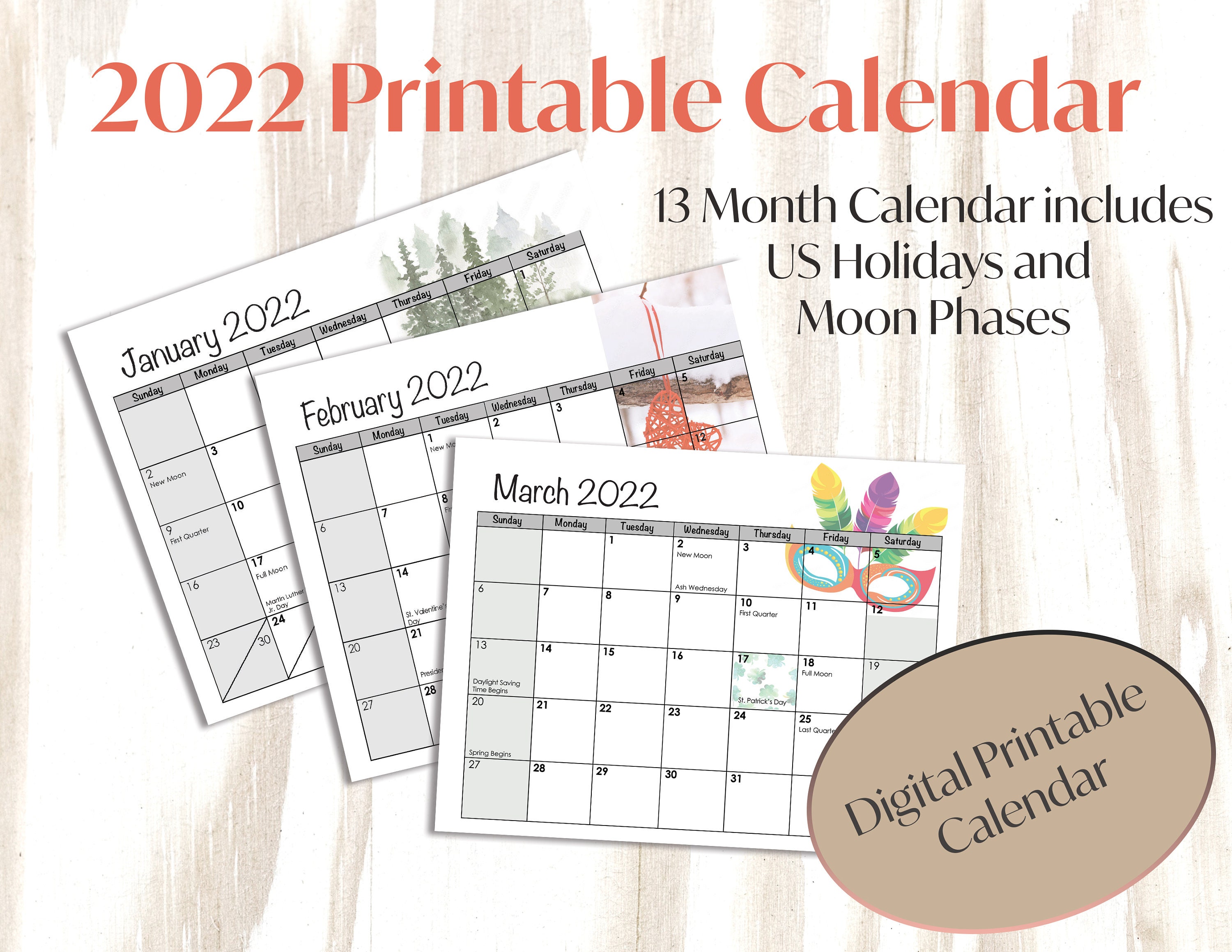 printable 2022 calendar with us holiday and moon phases etsy