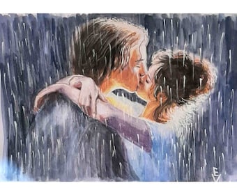 〚原画〛Love painting（水彩画、アクリル絵画、絵画、ドローイング） オリジナル水彩キス絵画：雨の中のロマンチックなカップル（8.2x12
