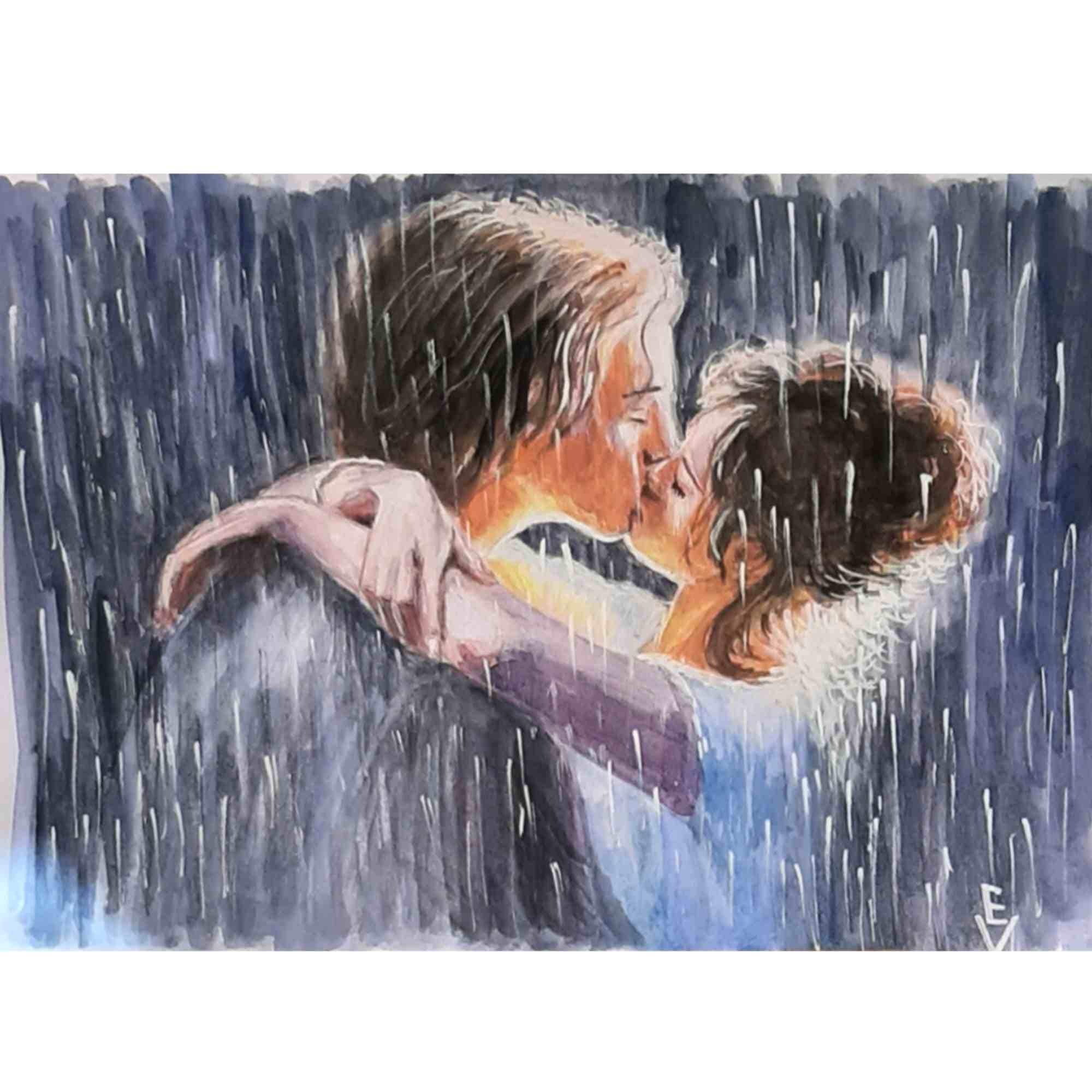 オリジナル水彩キス絵画：雨の中のロマンチックなカップル（8.2x12