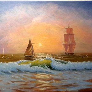 May include: A painting of two sailboats on the ocean at sunset. The sky is a soft pink and orange, and the water is a deep blue. The sailboats are silhouetted against the sunset, and the waves are crashing against the shore.