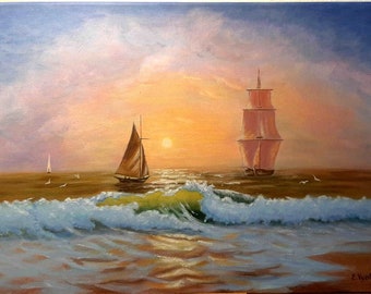 Arte Murale 50x100cm Barca A Vela Alba Tramonto - Dipinto Strutturato Onde Mare Blu 50x100 Cm | Decorazione Murale Per Soggiorno Quadro Su Tela - 3